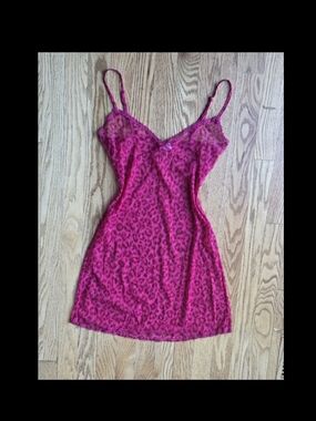 Vintage Calvin Klein Hot Pink Leopard Print Mesh And Lace-Trim Slip Dress